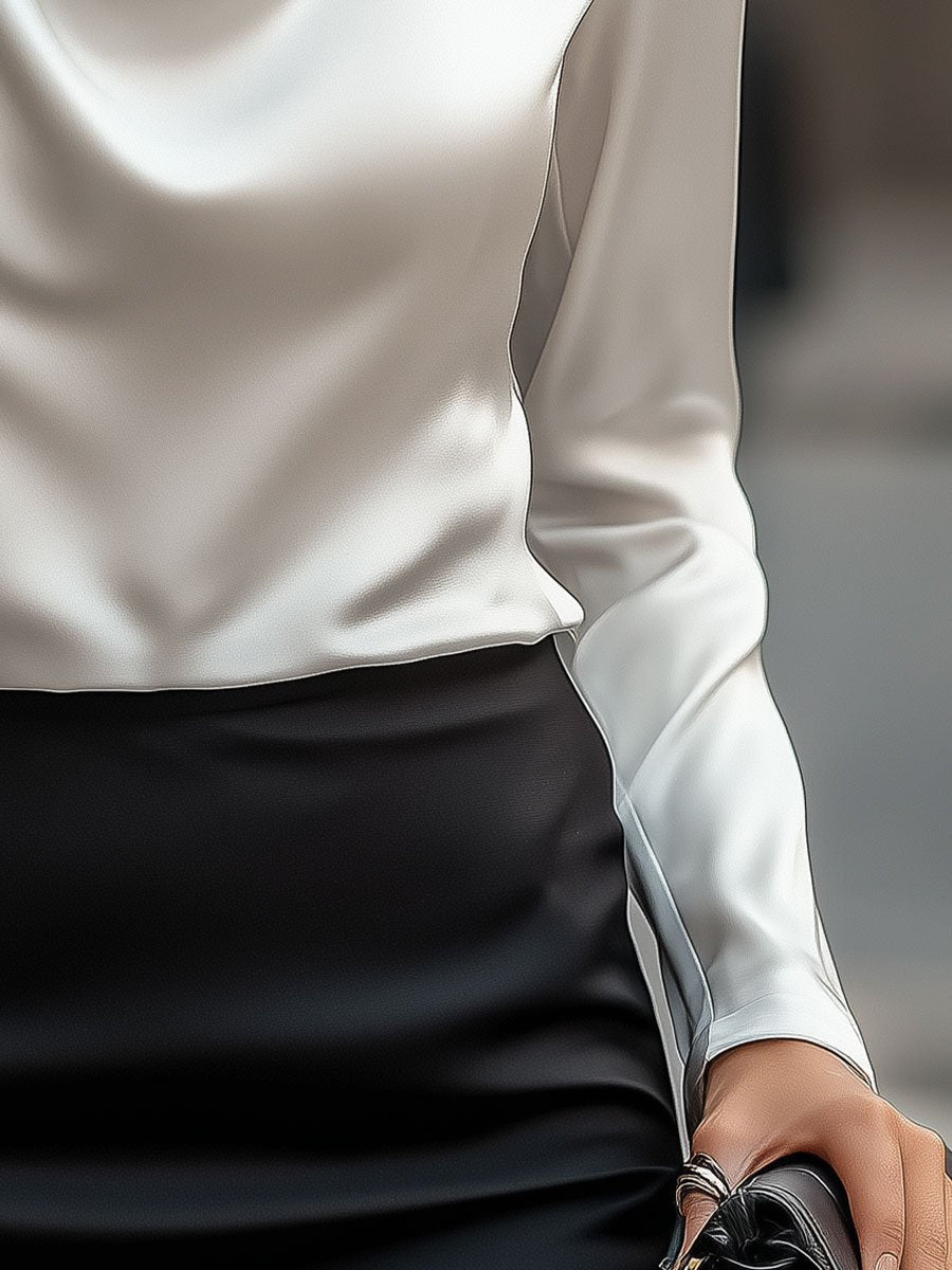 Luciana Witte satijnen dames blouse – elegante blouse met watervalhals en luxe uitstraling