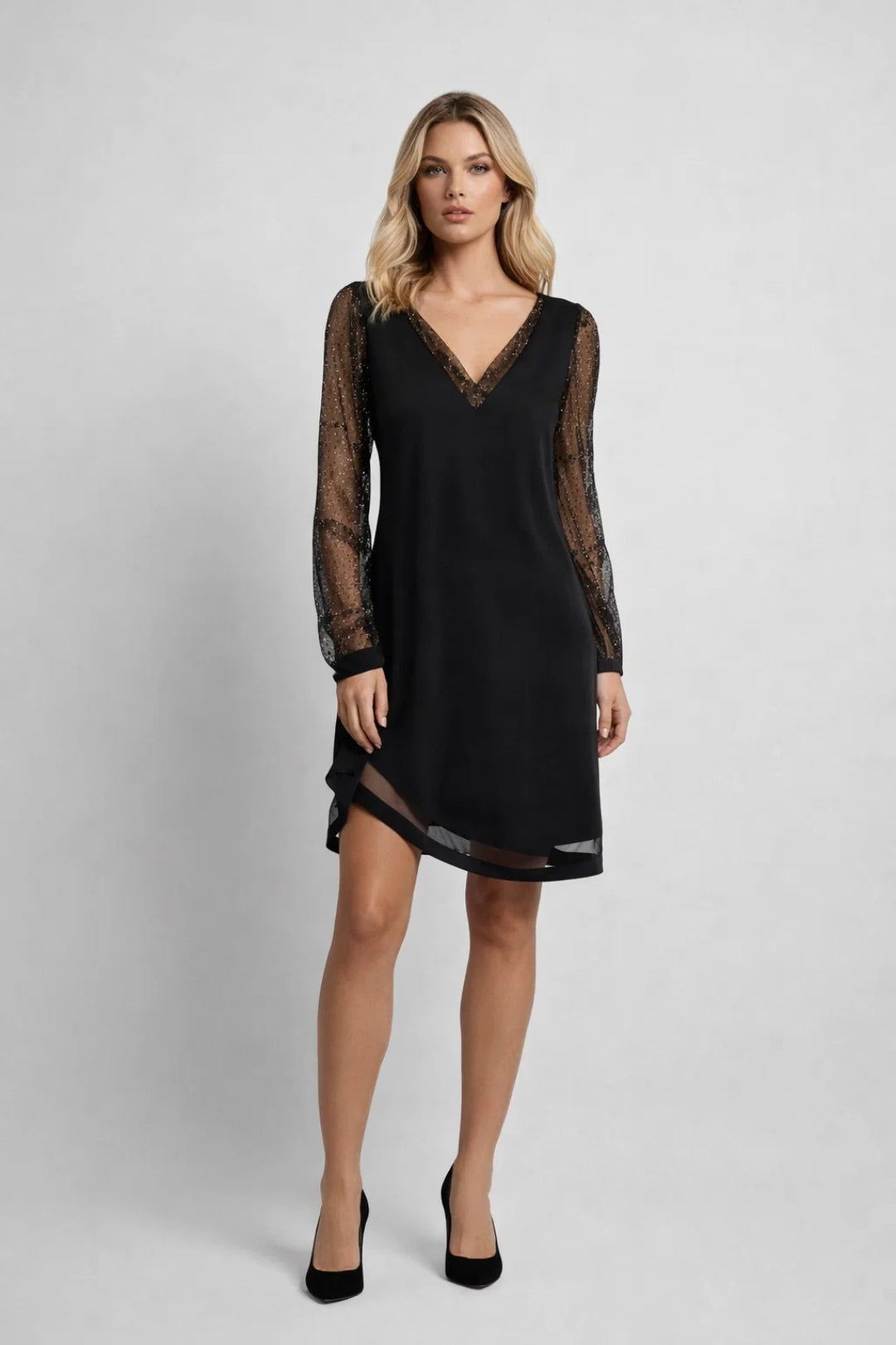 Dames Midi Jurk met Transparante Mouwen en V-hals - Zwart - Maelen