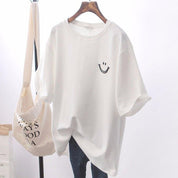 Smile | Trendy Katoen T-shirt met Smiley Print - Casual, Oversized en Streetwear - Wit / Zwart
