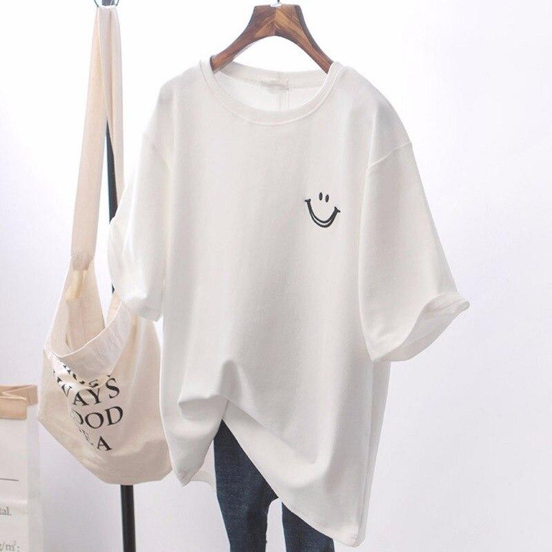 Smile | Trendy Katoen T-shirt met Smiley Print - Casual, Oversized en Streetwear - Wit / Zwart