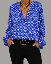 Elena dames blouse – geometrisch patroon met V-hals & lange mouwen