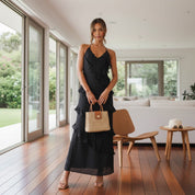 Sienna | Maxi Ruffle Jurk Dames - Elegant, Vloeiend en Feestklaar - Geel / Zwart