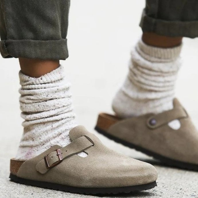 Suède Clogs Dames met Gesloten Neus en Verstelbare Gesp - Bruin / Beige / Zwart - Boston-Sandalen
