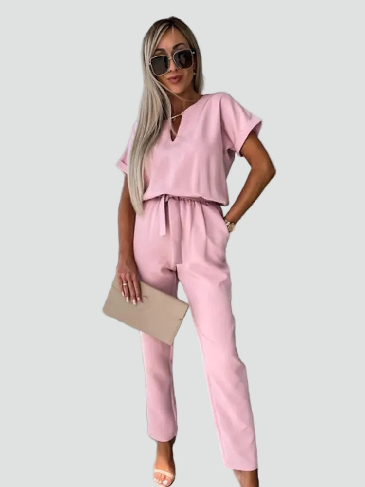 Damesoveral met Korte Mouwen en Ceintuur in de Taille, Jumpsuit met V-hals - Donkerroze/Lichtroze/Zwart