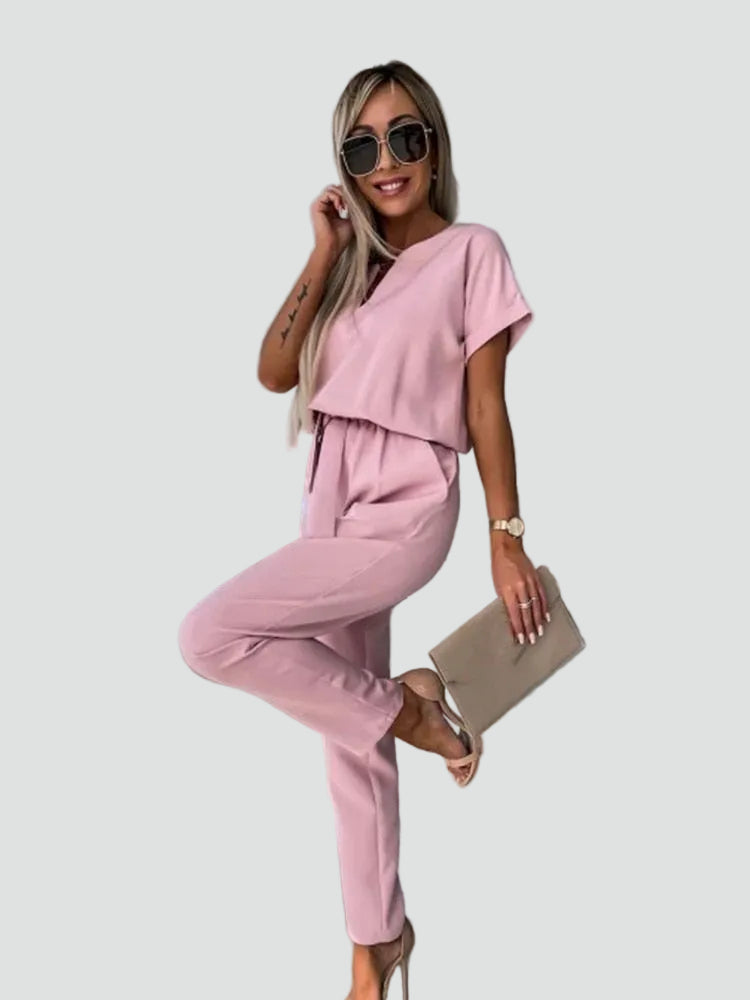 Damesoveral met Korte Mouwen en Ceintuur in de Taille, Jumpsuit met V-hals - Donkerroze/Lichtroze/Zwart