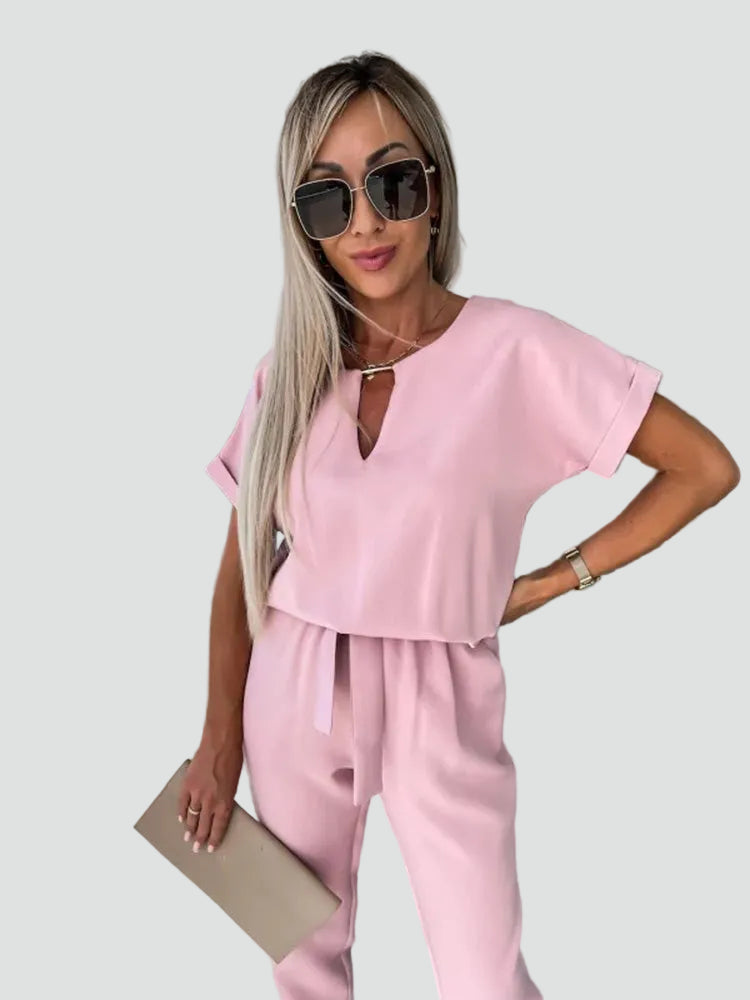 Damesoveral met Korte Mouwen en Ceintuur in de Taille, Jumpsuit met V-hals - Donkerroze/Lichtroze/Zwart