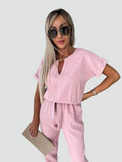 Damesoveral met Korte Mouwen en Ceintuur in de Taille, Jumpsuit met V-hals - Donkerroze/Lichtroze/Zwart