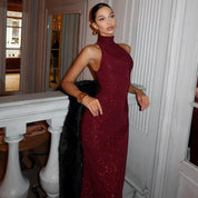 Pailletten Maxi Jurk Rood met Turtleneck – Elegant & Feestelijk - Isabella D’Amore
