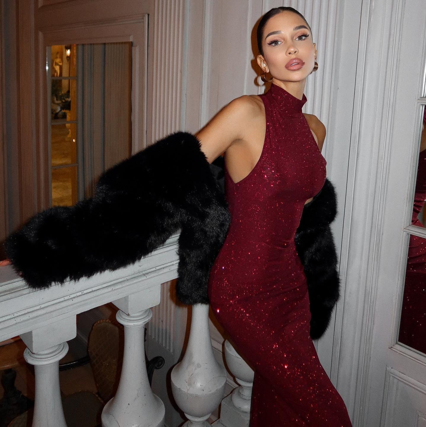 Pailletten Maxi Jurk Rood met Turtleneck – Elegant & Feestelijk - Isabella D’Amore