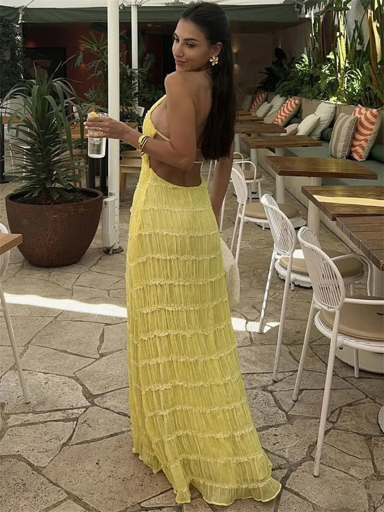 Elisabetta Jurk | Luchtige Maxi-jurk met Halternek en Open Rugdetail