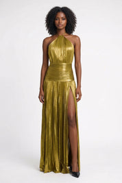 Metallic Maxi Jurk Dames Halter Split Avond Feest - Blauw / Goud / Roze - Maelen