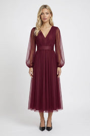 Tule Midi Jurk Dames Lange Mouwen Transparant Feest Bruiloft Gast - Bordeaux / Roze / Zwart - Maelen