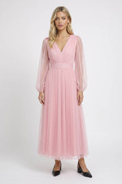 Tule Midi Jurk Dames Lange Mouwen Transparant Feest Bruiloft Gast - Bordeaux / Roze / Zwart - Maelen