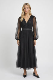 Tule Midi Jurk Dames Lange Mouwen Transparant Feest Bruiloft Gast - Bordeaux / Roze / Zwart - Maelen