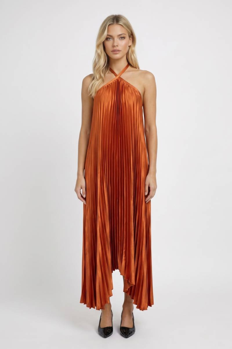 Halter Midi Jurk Dames Geplisseerd Asymmetrische Zoom Glanzend - Oranje - Maelen