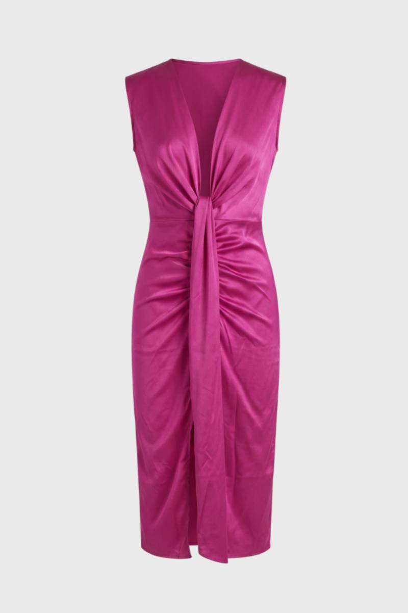 Satijnen Midi Jurk Dames V-hals Knoopdetail Geplooide Rok - Donkerroze - Maelen