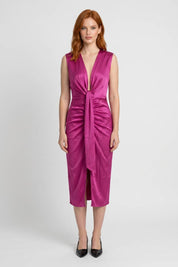 Satijnen Midi Jurk Dames V-hals Knoopdetail Geplooide Rok - Donkerroze - Maelen