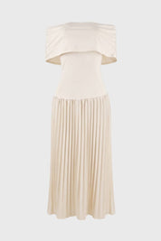 Off Shoulder Midi Jurk Dames Geplooide Rok Bruiloft Gast - Crème / Beige - Maelen