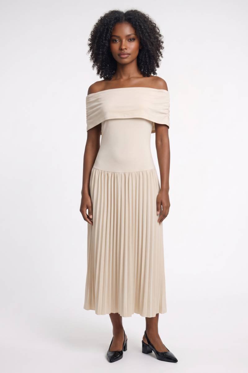 Off Shoulder Midi Jurk Dames Geplooide Rok Bruiloft Gast - Crème / Beige - Maelen