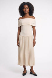 Off Shoulder Midi Jurk Dames Geplooide Rok Bruiloft Gast - Crème / Beige - Maelen