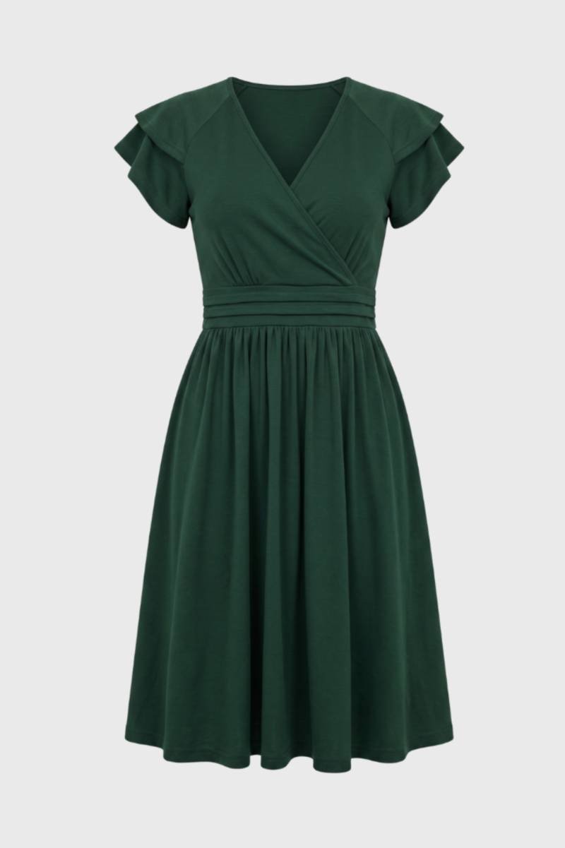 Overslag Midi Jurk Dames V-hals Korte Mouwen Taille Feest - Donkergroen / Zwart / Bordeaux - Maelen