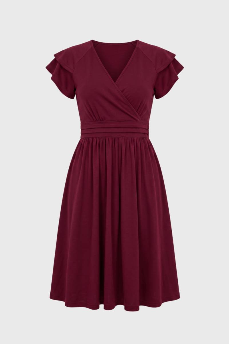 Overslag Midi Jurk Dames V-hals Korte Mouwen Taille Feest - Donkergroen / Zwart / Bordeaux - Maelen