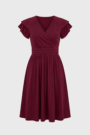 Overslag Midi Jurk Dames V-hals Korte Mouwen Taille Feest - Donkergroen / Zwart / Bordeaux - Maelen