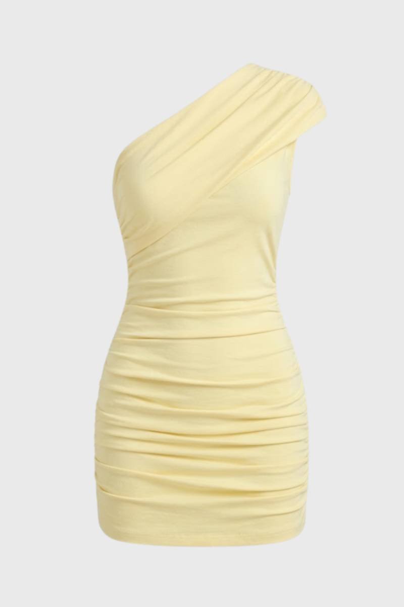 One Shoulder Mini Jurk met Aansluitende Pasvorm Dames - Geel - Maelen