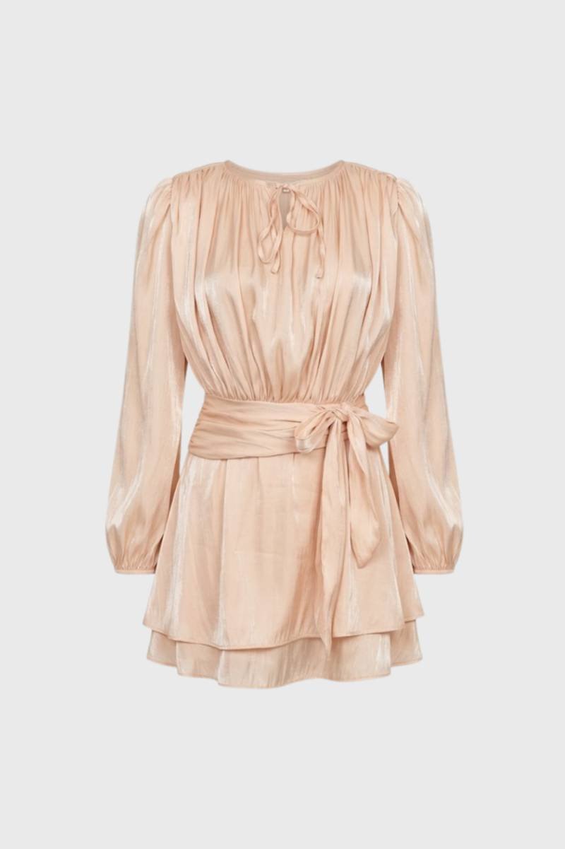 Mini Jurk met Ruches en Tailleband Dames - Champagne / Zwart - Maelen