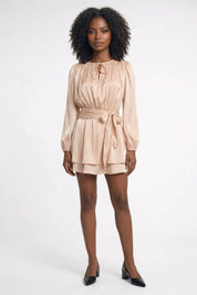 Mini Jurk met Ruches en Tailleband Dames - Champagne / Zwart - Maelen