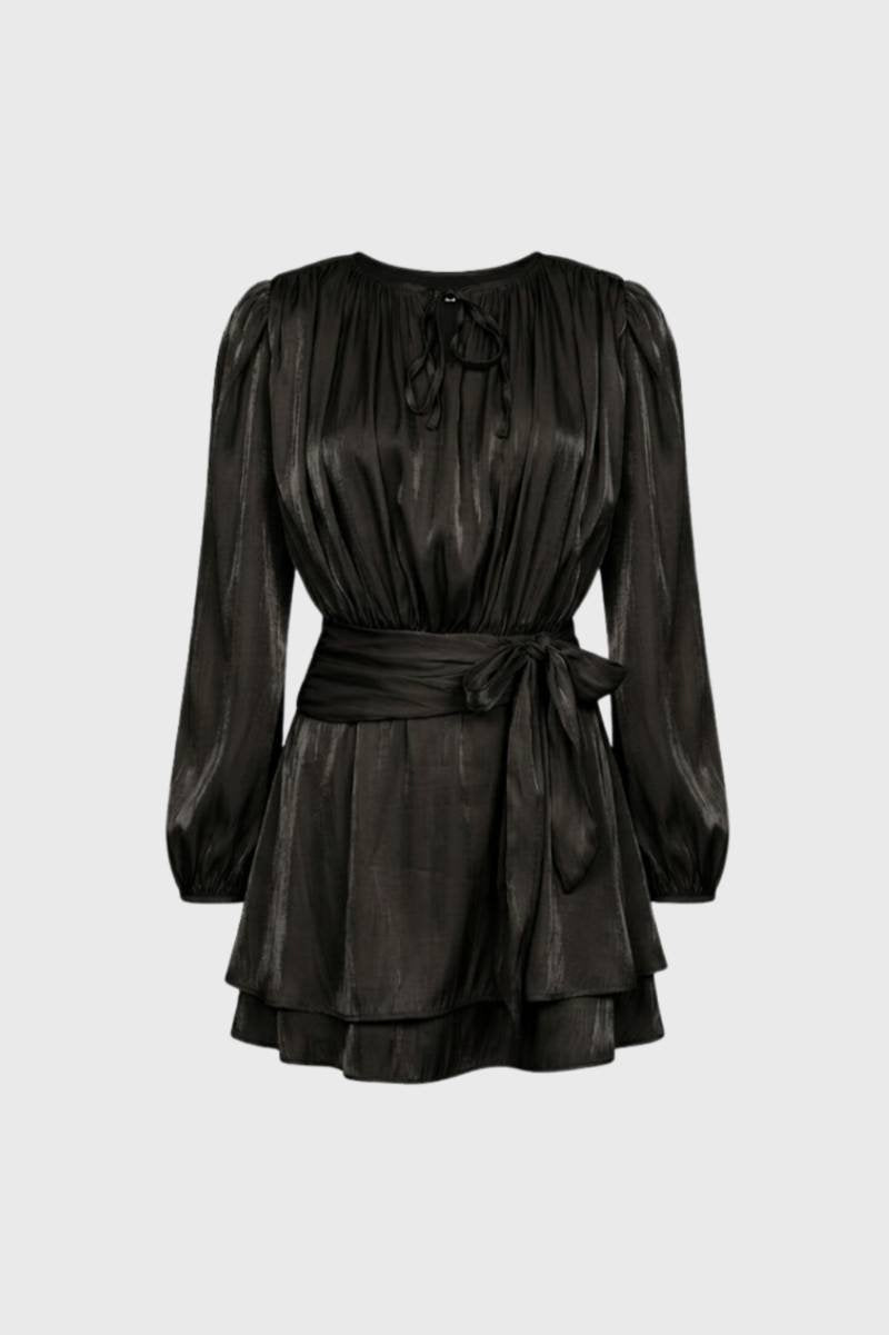 Mini Jurk met Ruches en Tailleband Dames - Champagne / Zwart - Maelen