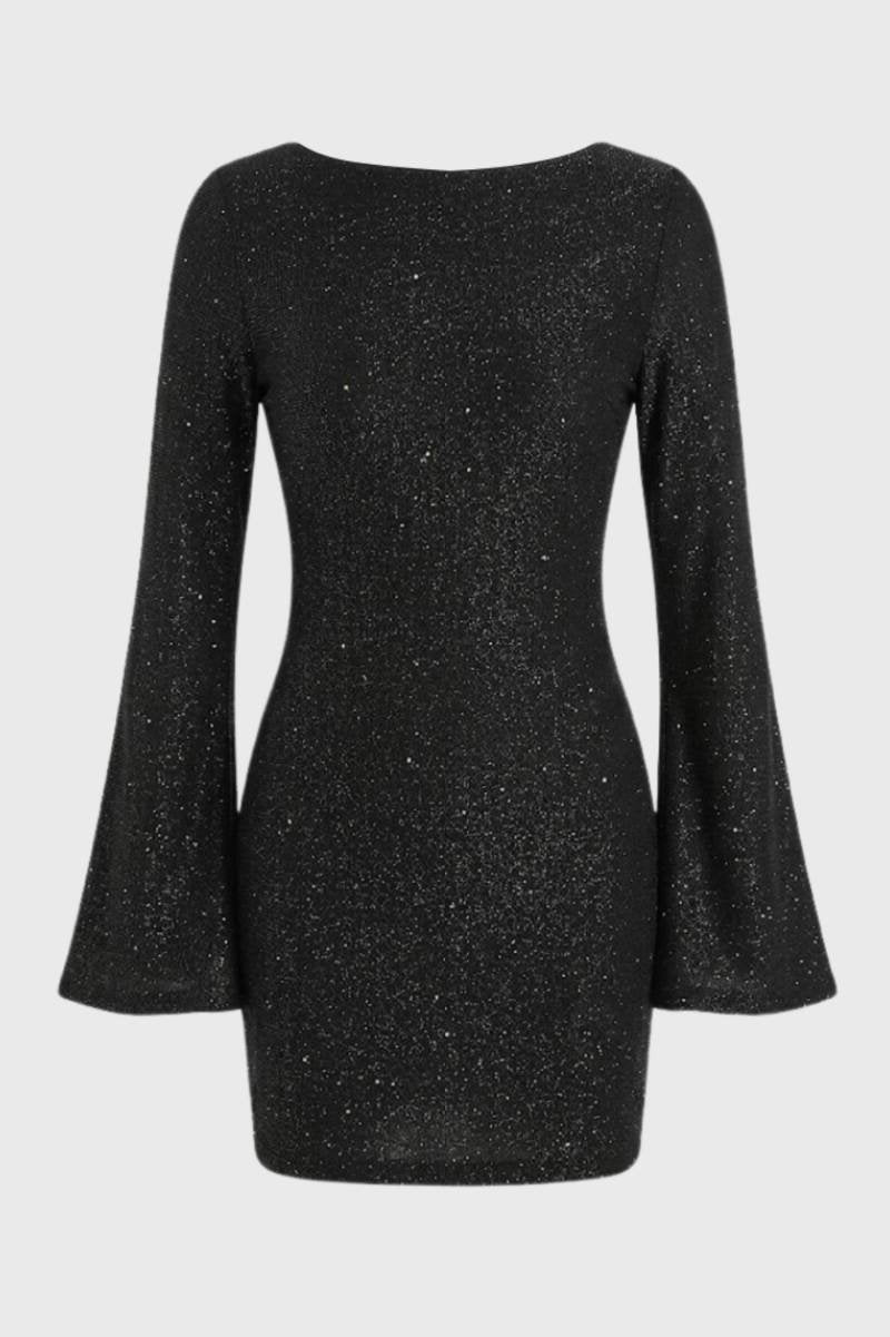 Glitter Mini Jurk Dames Wijde Mouwen Aansluitend Feest - Zwart / Wijnrood / Donkergroen - Maelen