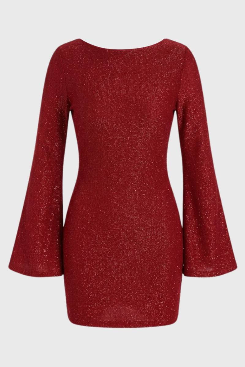 Glitter Mini Jurk Dames Wijde Mouwen Aansluitend Feest - Zwart / Wijnrood / Donkergroen - Maelen