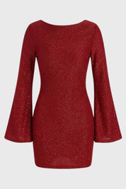 Glitter Mini Jurk Dames Wijde Mouwen Aansluitend Feest - Zwart / Wijnrood / Donkergroen - Maelen