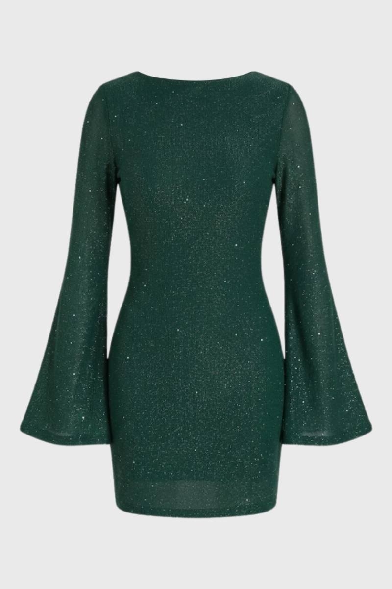 Glitter Mini Jurk Dames Wijde Mouwen Aansluitend Feest - Zwart / Wijnrood / Donkergroen - Maelen