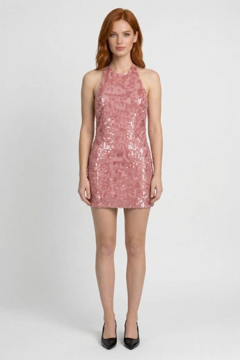 Glitter Halter Mini Jurk Dames - Roze - Maelen