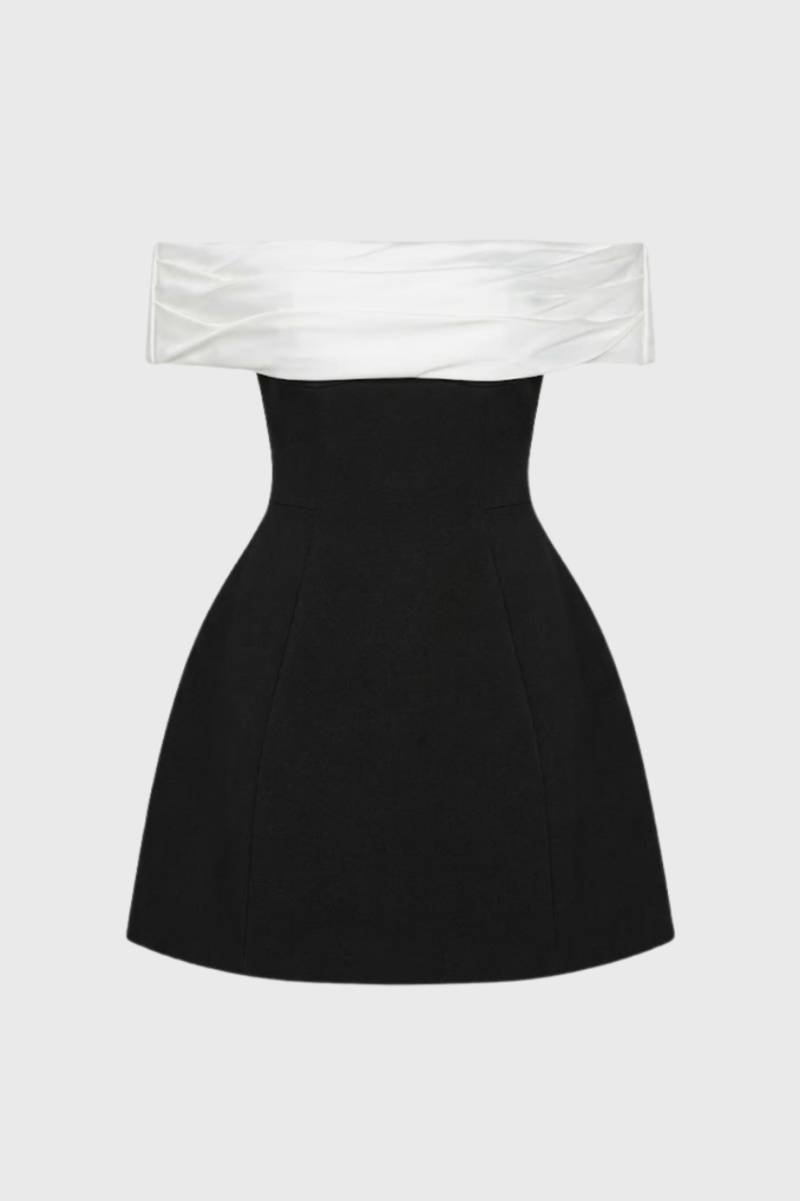 Off Shoulder Mini Jurk Dames Contrasterende Details Feest - Zwart/Wit - Maelen