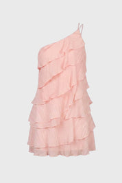 One Shoulder Mini Jurk met Ruches en Gelaagde Rok Dames - Roze / Lichtgroen / Wit - Maelen