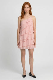 One Shoulder Mini Jurk met Ruches en Gelaagde Rok Dames - Roze / Lichtgroen / Wit - Maelen