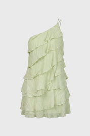 One Shoulder Mini Jurk met Ruches en Gelaagde Rok Dames - Roze / Lichtgroen / Wit - Maelen