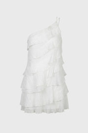 One Shoulder Mini Jurk met Ruches en Gelaagde Rok Dames - Roze / Lichtgroen / Wit - Maelen