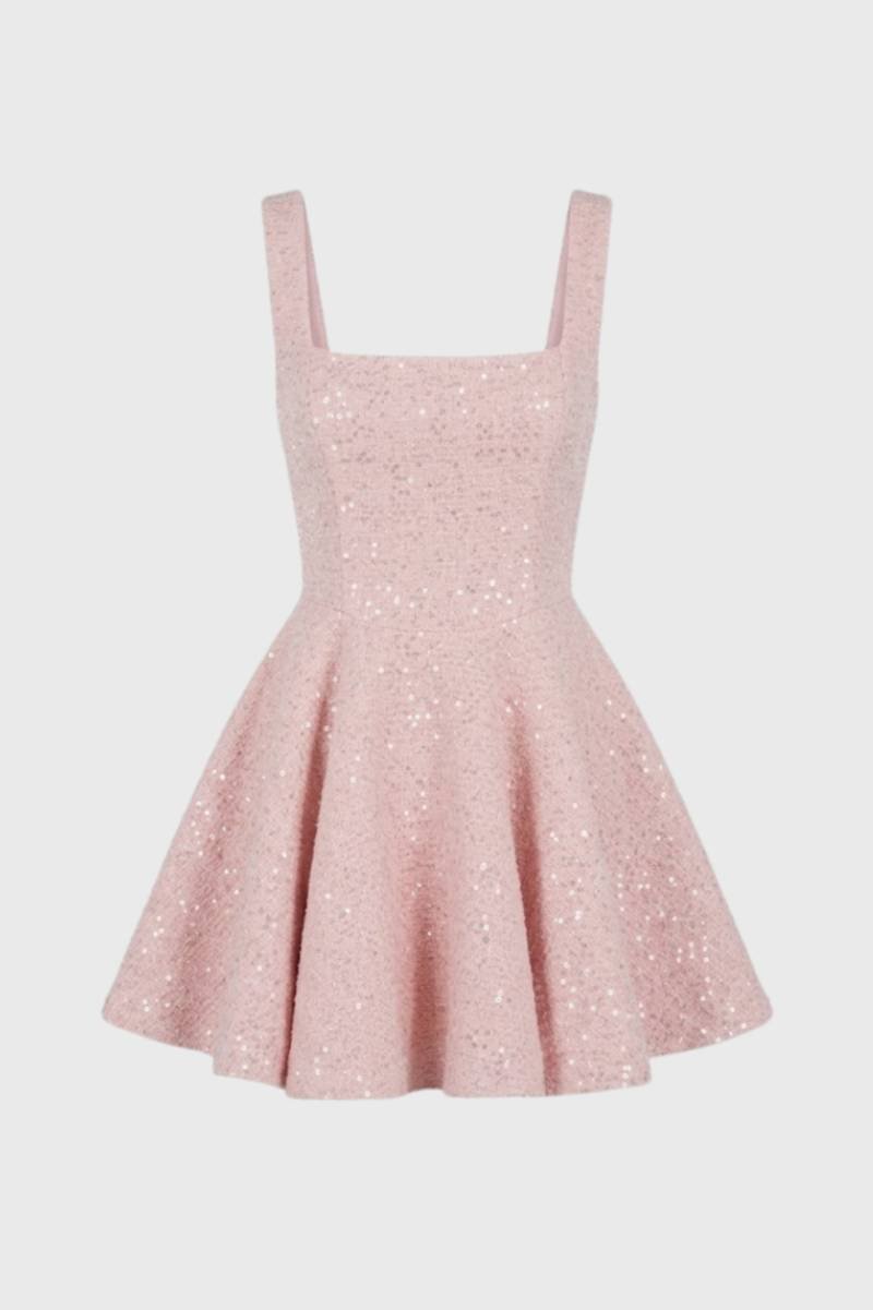 Glitter Skater Mini Jurk Dames Aansluitend Feest Avond - Lichtroze / Wit - Maelen