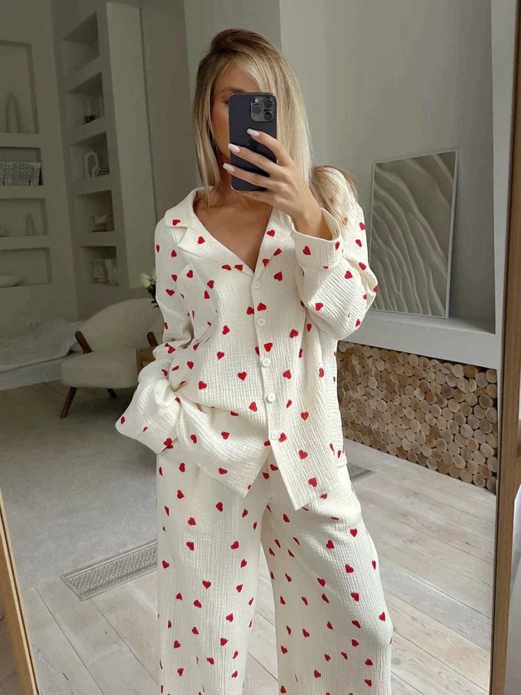 Carina Pyjama-Set | Zacht Katoenen Damespyjama met Trendy Hartjesprint
