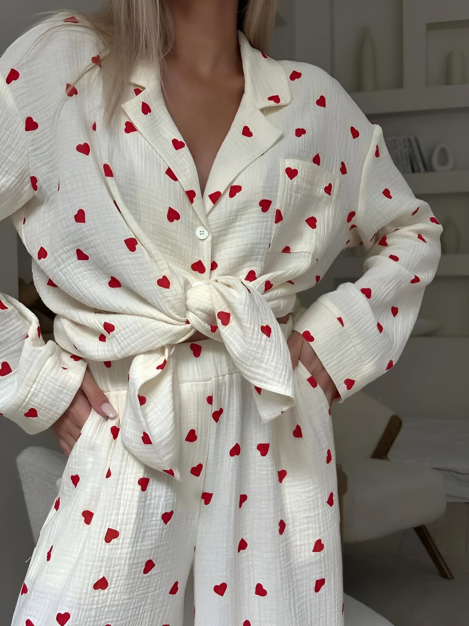 Carina Pyjama-Set | Zacht Katoenen Damespyjama met Trendy Hartjesprint