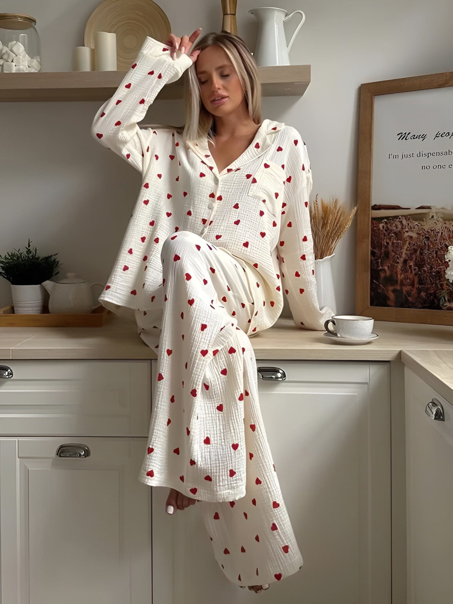 Carina Pyjama-Set | Zacht Katoenen Damespyjama met Trendy Hartjesprint