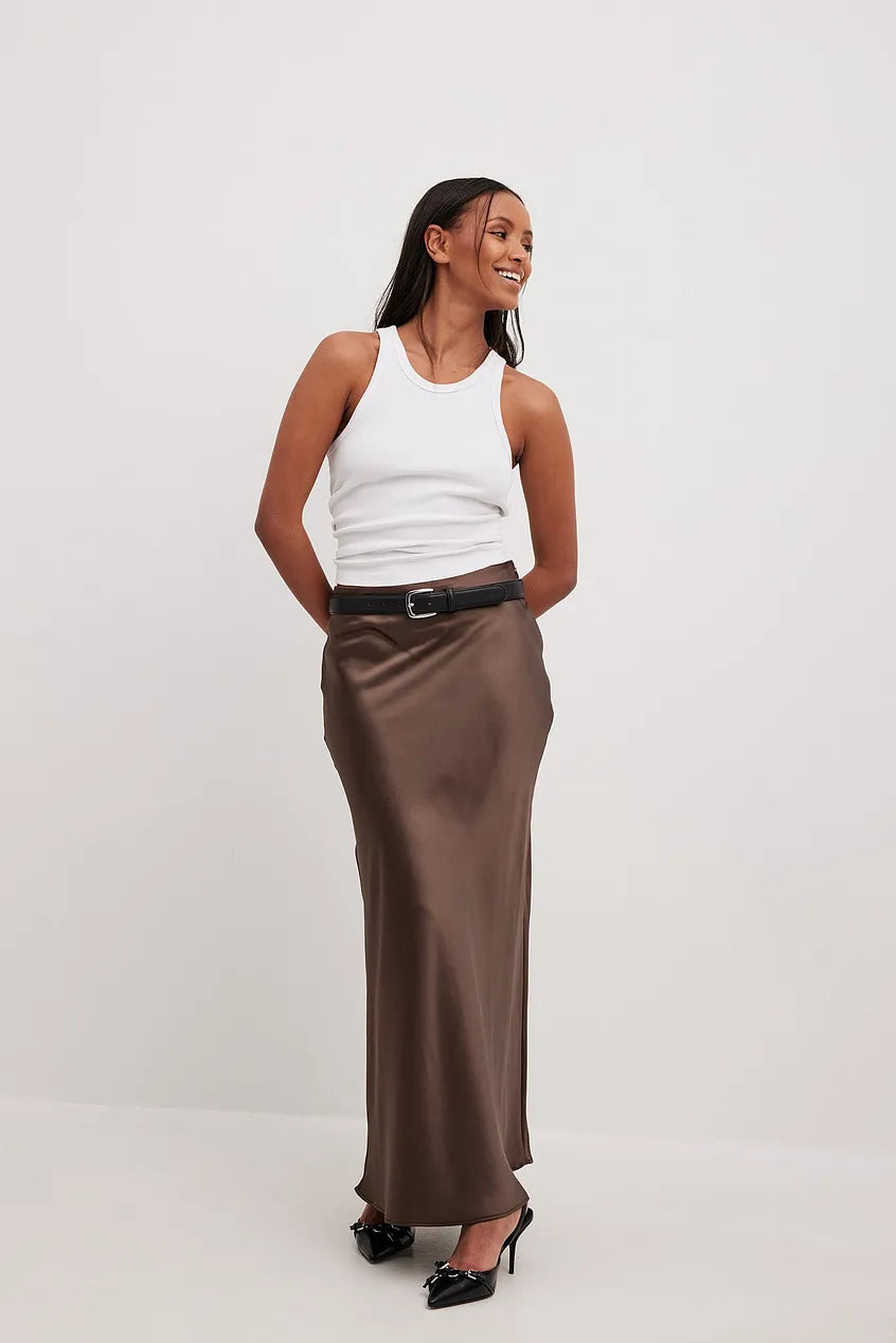 Chiara Satijnen Midi-Rok Dames – Elegante Rok met Hoge Taille en Glanzende Afwerking