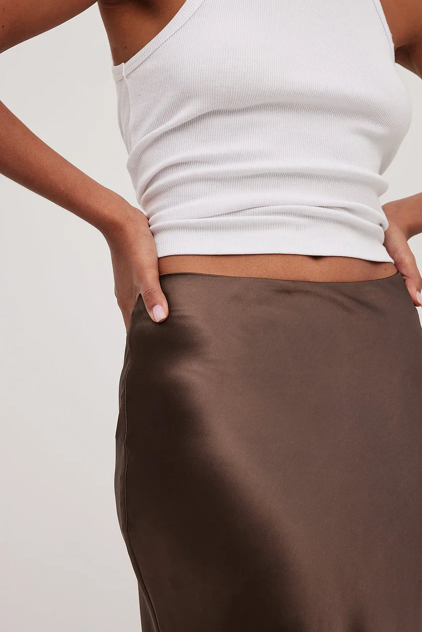 Alessia Satijnen midi-rok dames – Elegante hoge taille rok met glanzende afwerking