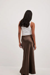 Alessia Satijnen midi-rok dames – Elegante hoge taille rok met glanzende afwerking