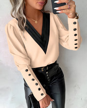 Caris Blouse | Blouse met Colour Block Design, V-Hals en Lange Mouwen