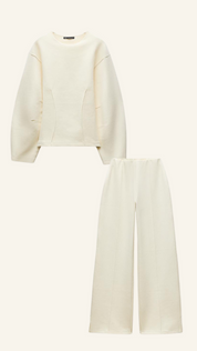 Dames Tweedelige Set Oversized Trui en Wide Leg Broek Casual Chic - Gebroken Wit / Grijs / Zwart - Maelen